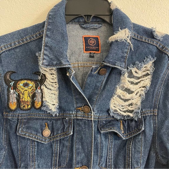 Custom Made Distressed Jean Jacket with Tribal Patches, Festival, Coachella - Picture 4 of 9